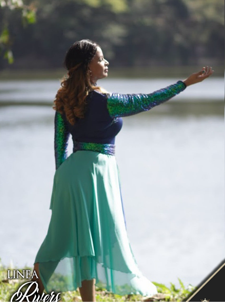 Set (2) Navy Jumpsuit & detached Skirt in Teal and Green Chiffon : Rivers Collection