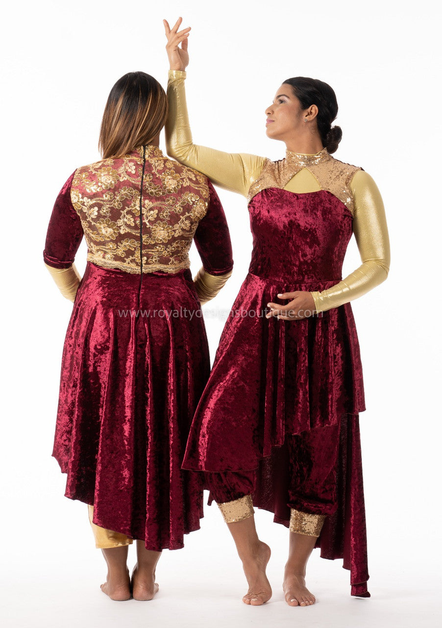 Burgundy & Gold Sleeveless Velvet Unitard with Attached Skirt β Worship Dancewear