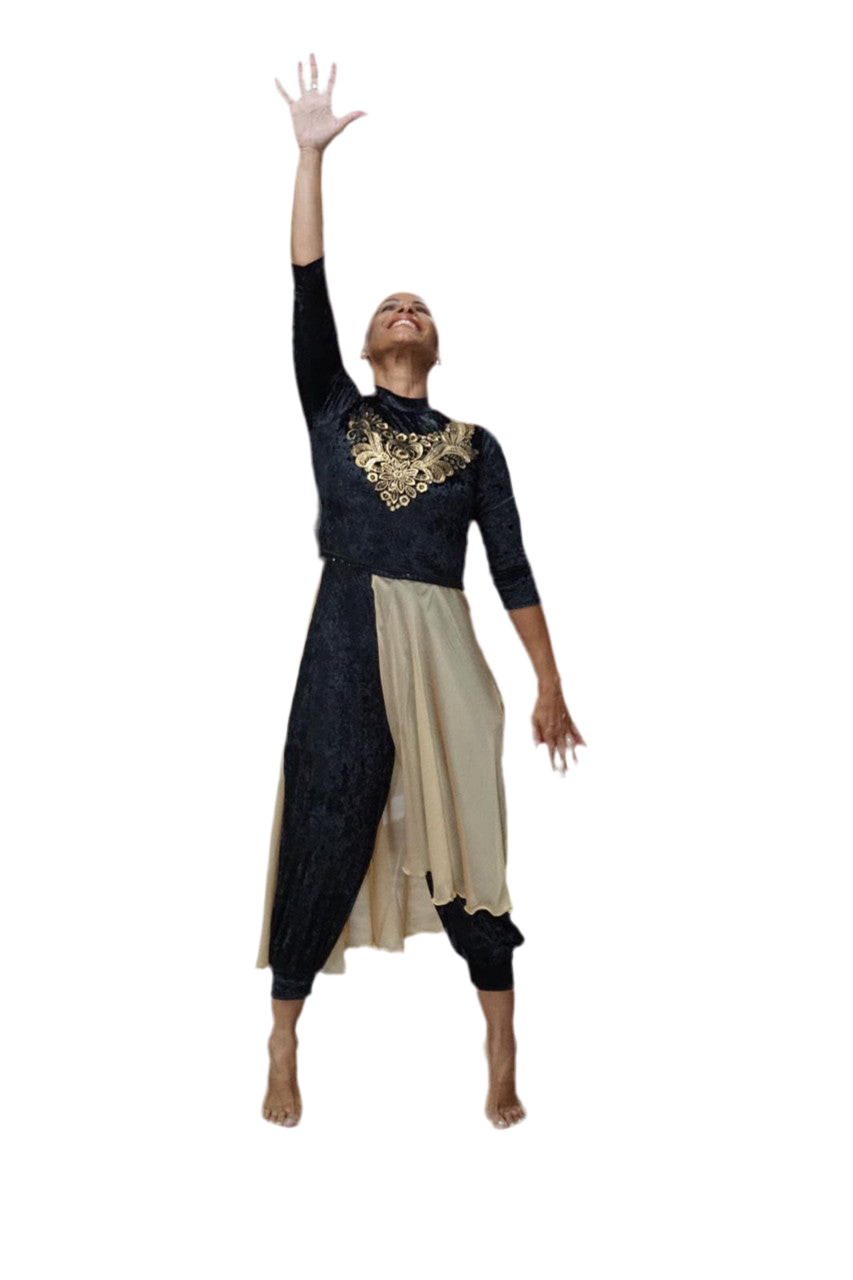 Black Velvet Jumpsuit with Attached Gold Chiffon Skirt : Emporium Collection