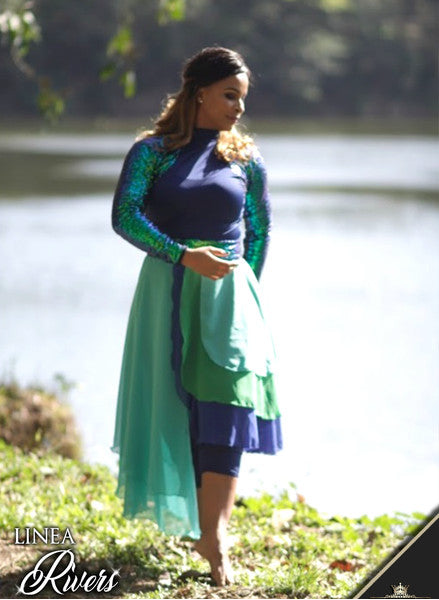 Set (2) Navy Jumpsuit & detached Skirt in Teal and Green Chiffon : Rivers Collection
