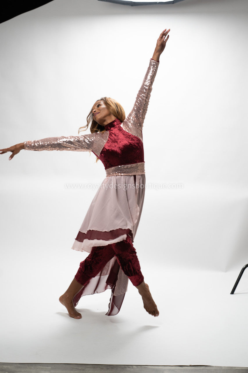 Royal Two-Piece Velvet Jumpsuit & Chiffon Skirt Set – Burgundy with Rose Gold Sequin Belt