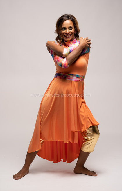 ALABANZA - Mid sleeve Orange Praise Dance Ephod with Colorful Revival designs (Final Sale ! )