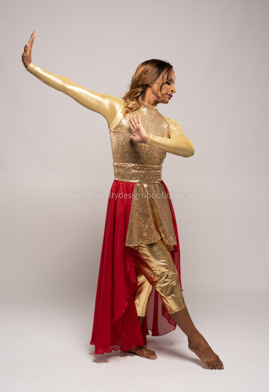 “ Praise Him ” Gold Sequin Tunic with Chiffon Skirt – Multiple Skirt Colors