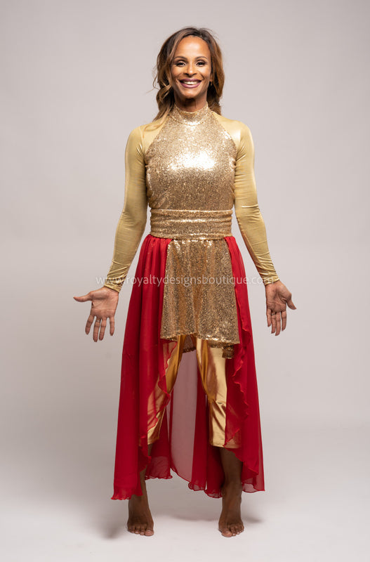 “ Praise Him ” Gold Sequin Tunic with Chiffon Skirt – Multiple Skirt Colors