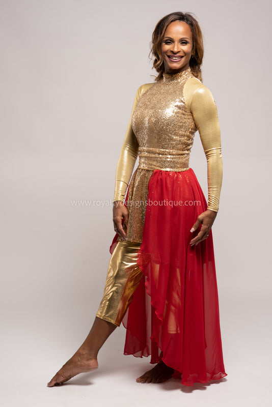 “ Praise Him ” Gold Sequin Tunic with Chiffon Skirt – Multiple Skirt Colors