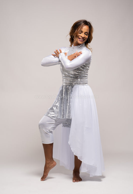 “ Praise Him ” Silver Sequin Tunic with Chiffon Skirt – Multiple Skirt Colors