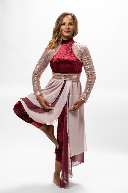 Royal Two-Piece Velvet Jumpsuit & Chiffon Skirt Set – Burgundy with Rose Gold Sequin Belt
