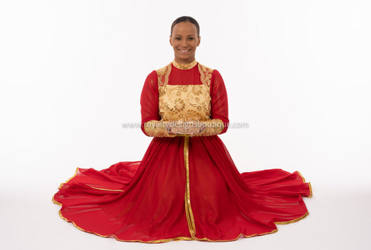 Esther Praise Dance Garment – Elegant Red & Gold Double-Chiffon Skirt with Lace Detailing