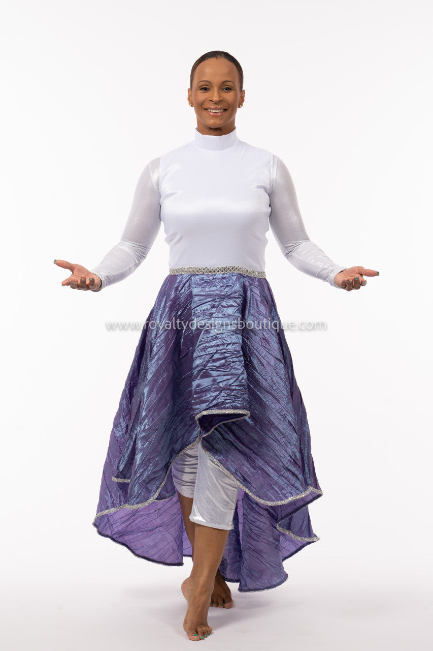 Hi-Low Praise Dance Tunic – White Taffeta Top with Purple Skirt & Silver Details