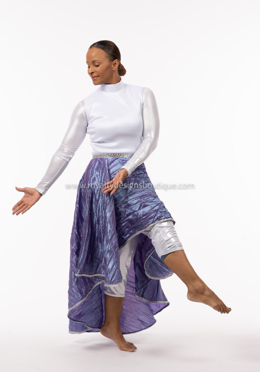 Hi-Low Praise Dance Tunic – White Taffeta Top with Purple Skirt & Silver Details