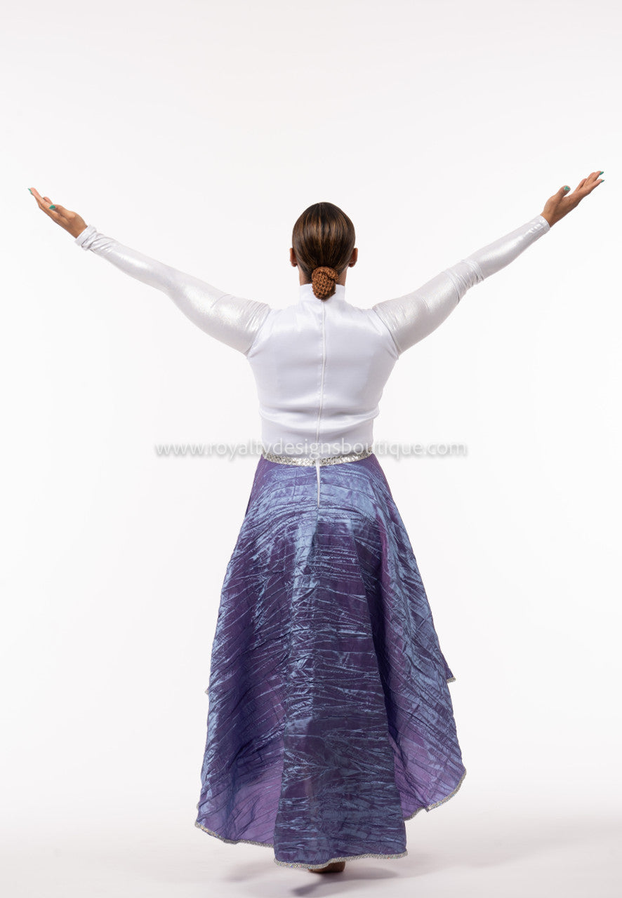 Hi-Low Praise Dance Tunic – White Taffeta Top with Purple Skirt & Silver Details