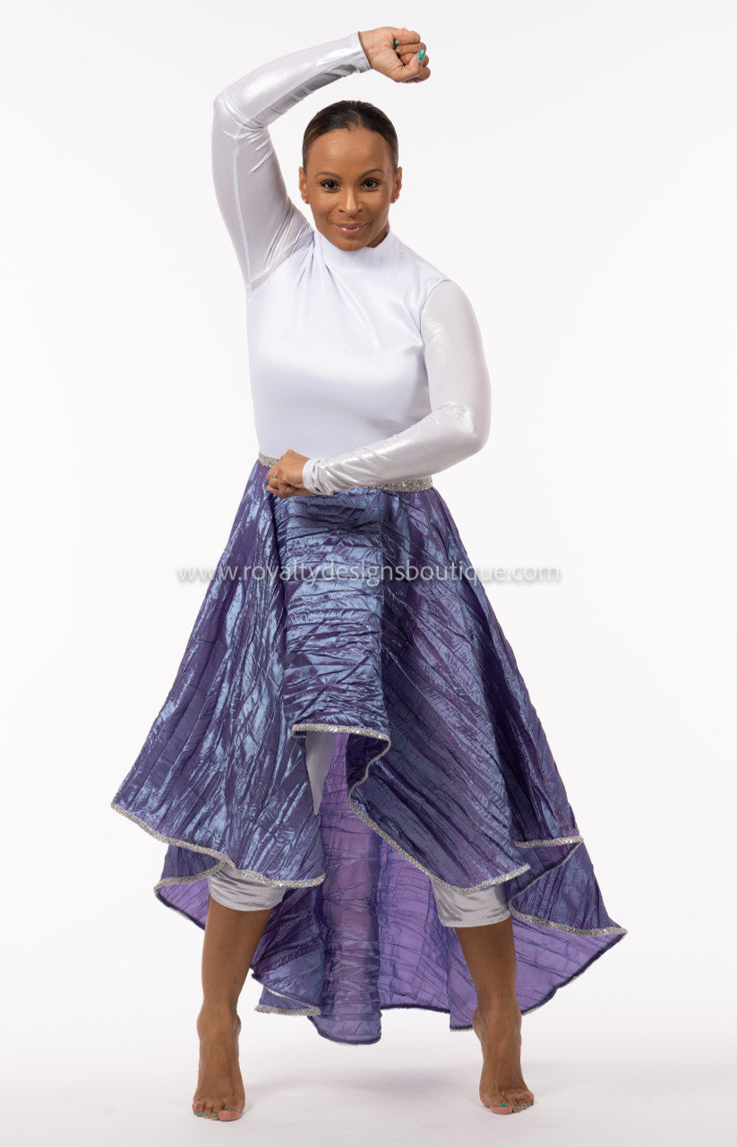 Hi-Low Praise Dance Tunic – White Taffeta Top with Purple Skirt & Silver Details