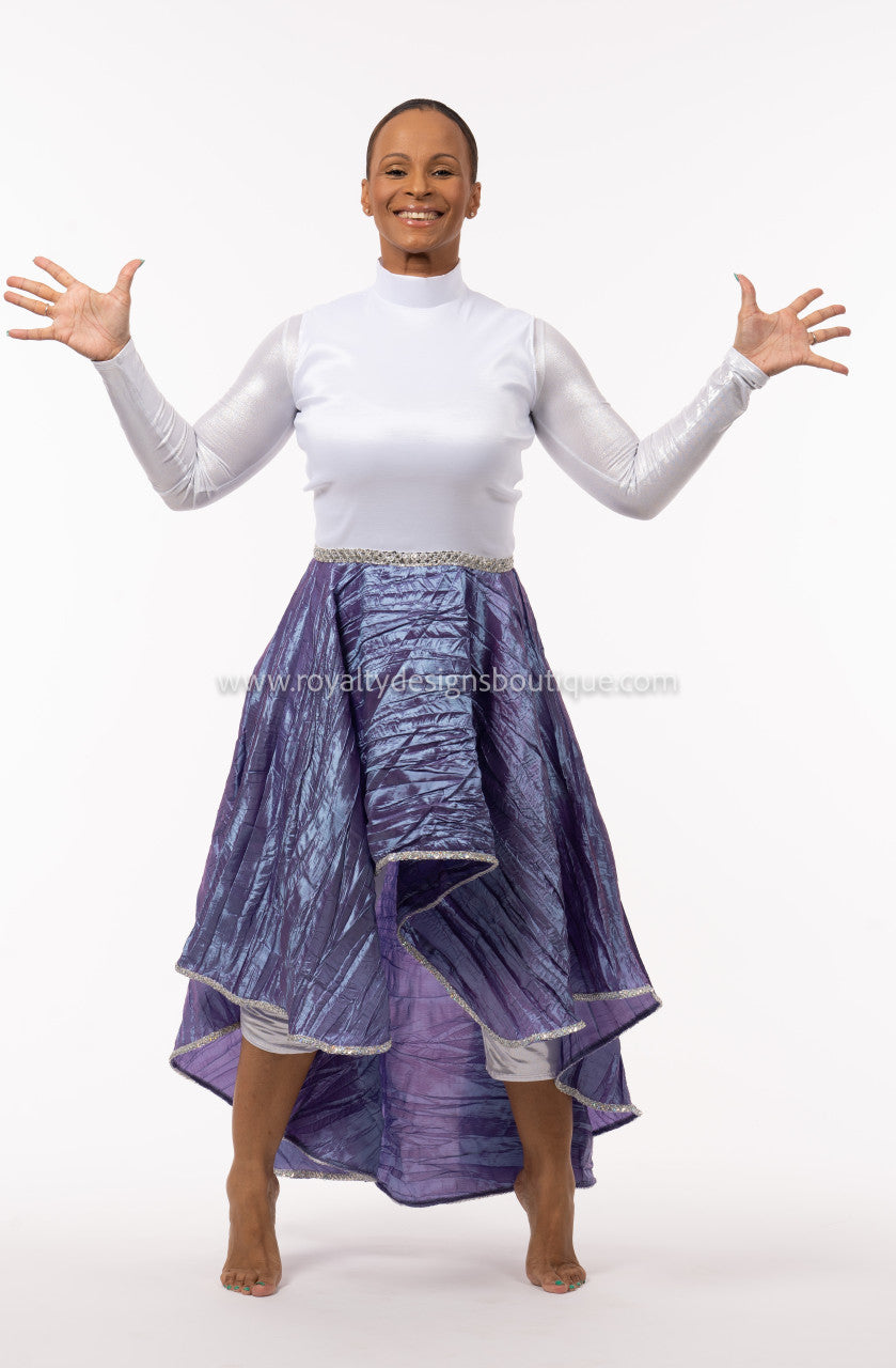 Hi-Low Praise Dance Tunic – White Taffeta Top with Purple Skirt & Silver Details