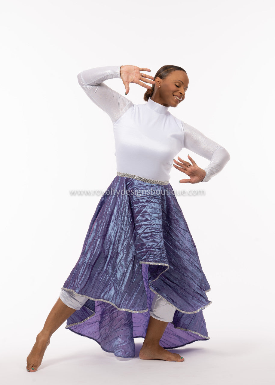 Hi-Low Praise Dance Tunic – White Taffeta Top with Purple Skirt & Silver Details