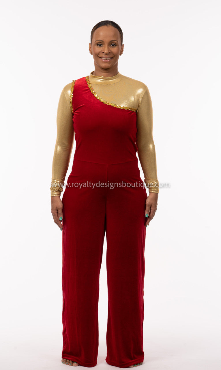 Shulamite Collection – Two-Piece Velvet Jumpsuit & Flowing Chiffon Skirt with Gold Accents