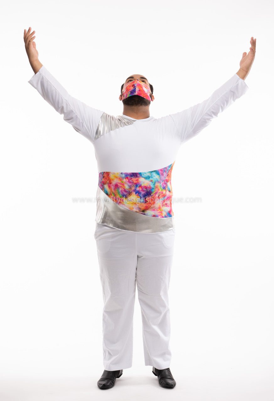 Men’s White Lycra Tunic with Watercolor Panel – Contemporary Praise Wear (Final Sale)