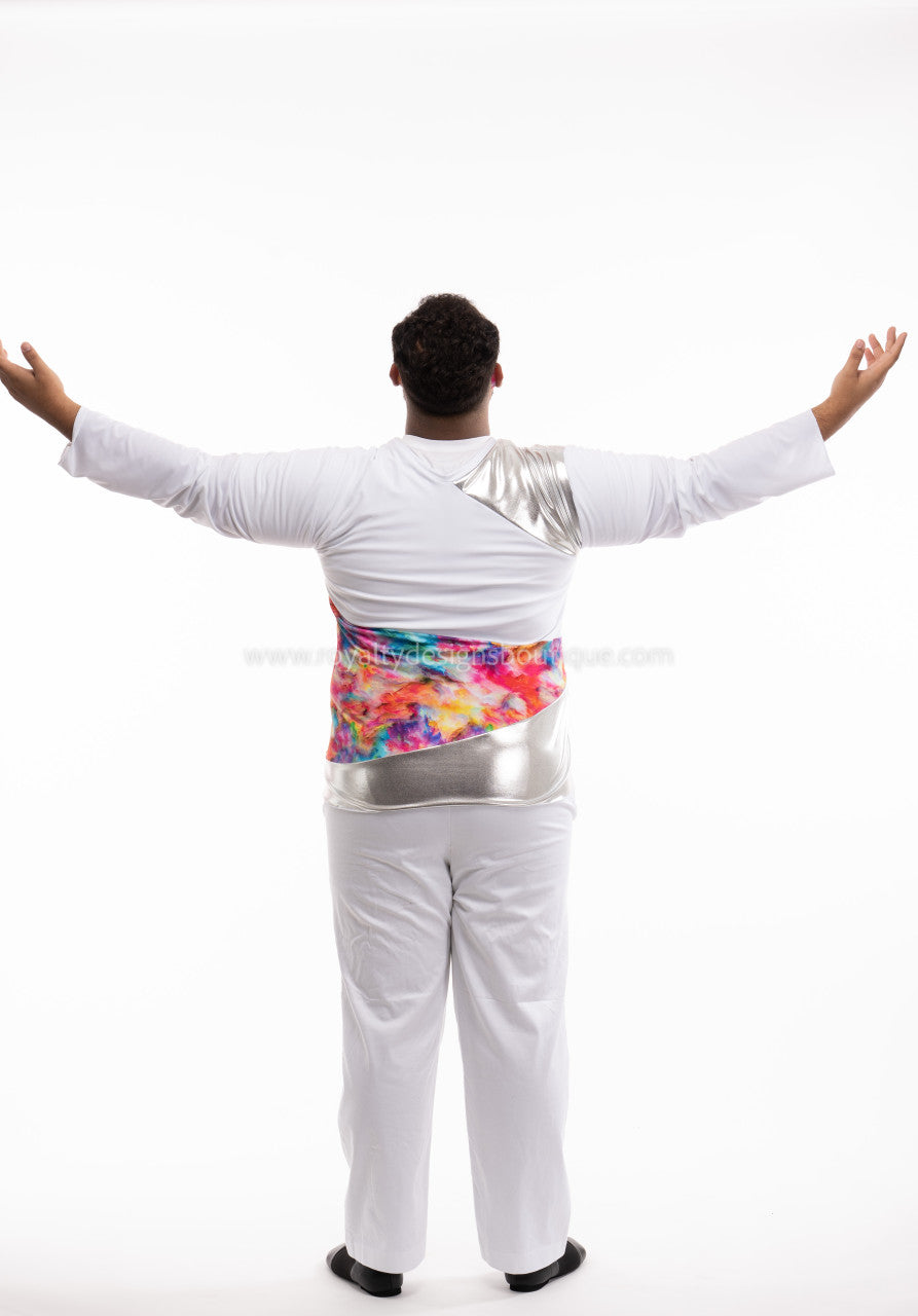 Men’s White Lycra Tunic with Watercolor Panel – Contemporary Praise Wear (Final Sale)
