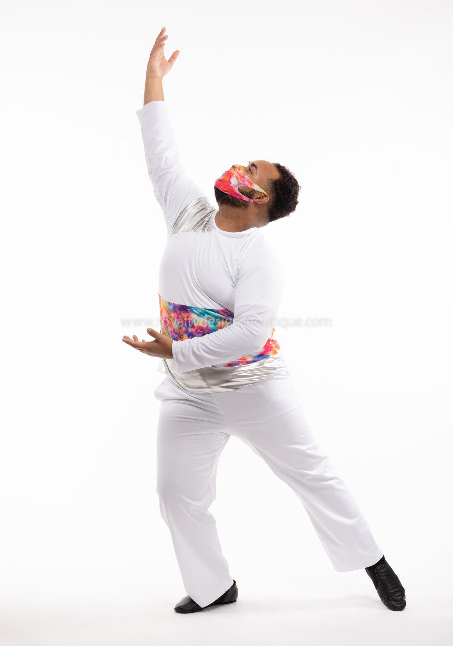 Men’s White Lycra Tunic with Watercolor Panel – Contemporary Praise Wear (Final Sale)