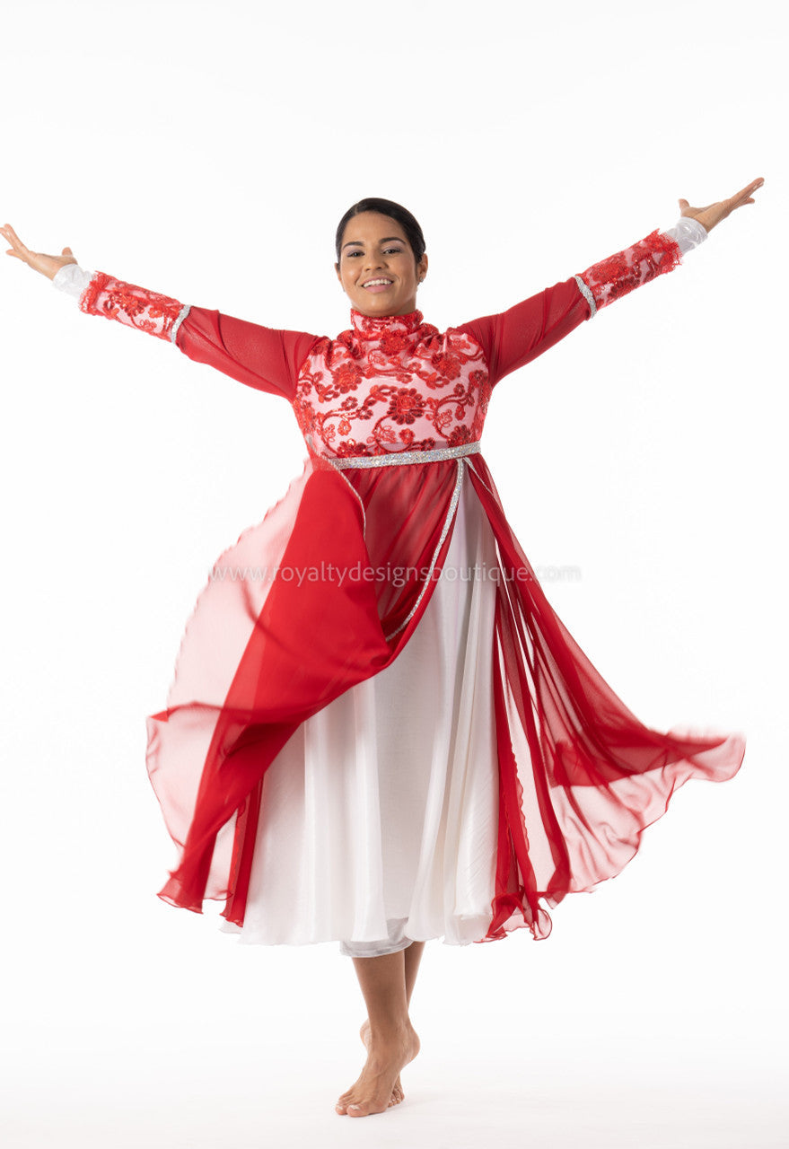 Crown Collection – High-Waist Long-Sleeve Lace & Trimmed Premium Praise Dance Dress
