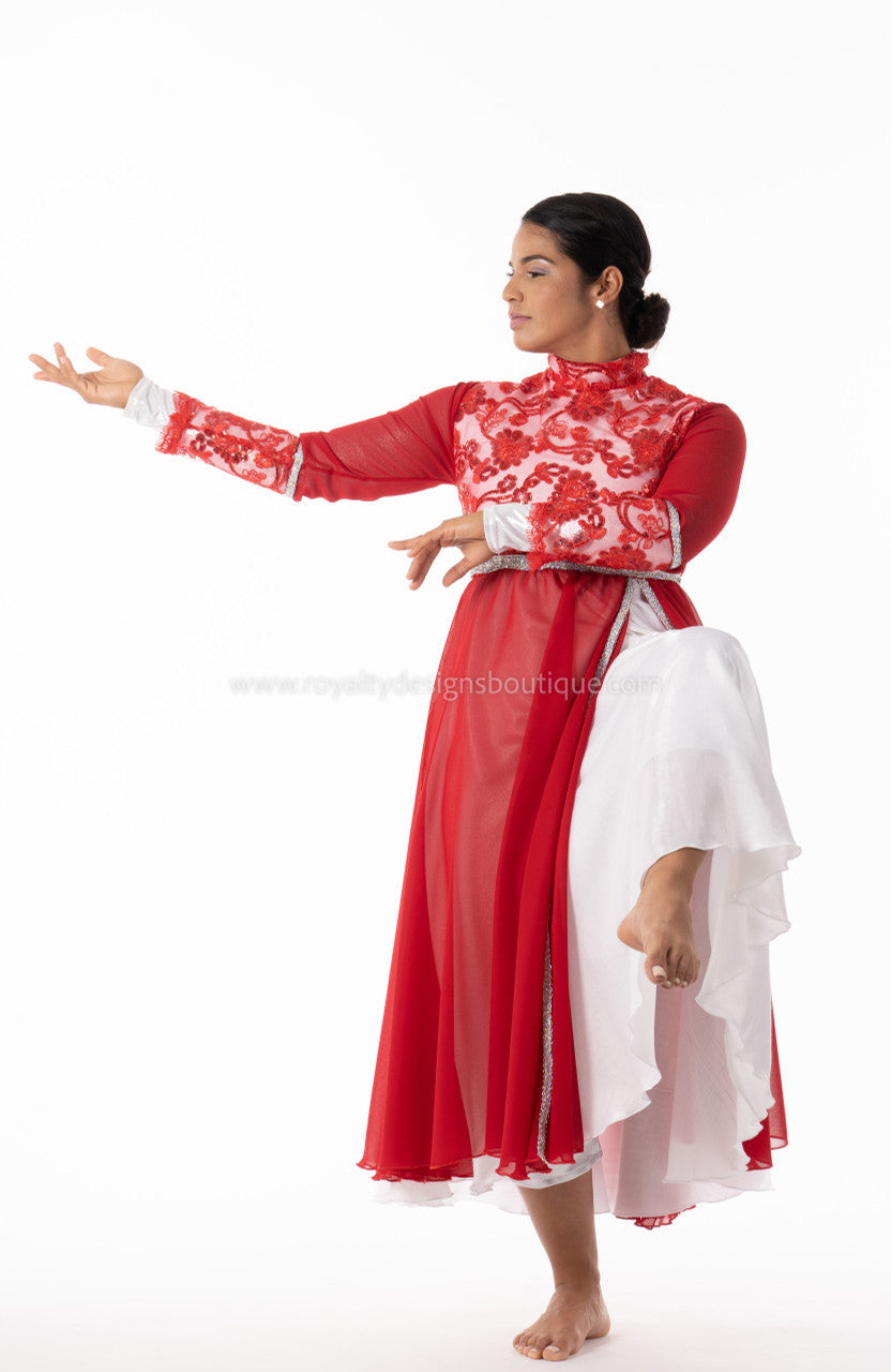 Crown Collection – High-Waist Long-Sleeve Lace & Trimmed Premium Praise Dance Dress