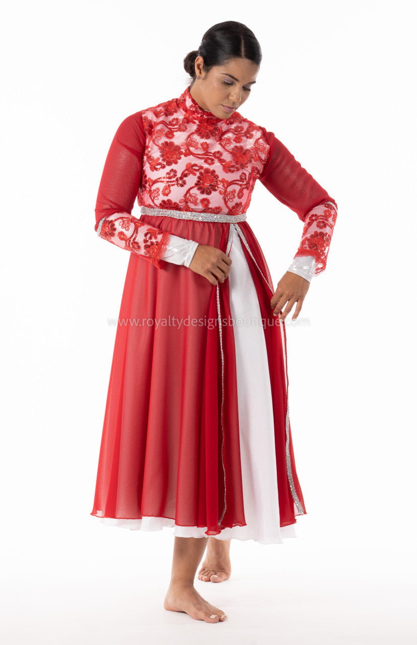 Crown Collection – High-Waist Long-Sleeve Lace & Trimmed Premium Praise Dance Dress