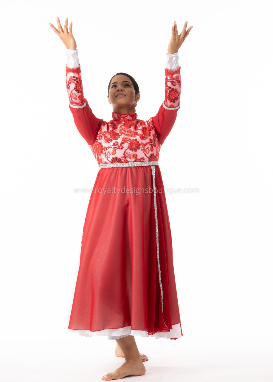 Crown Collection – High-Waist Long-Sleeve Lace & Trimmed Premium Praise Dance Dress