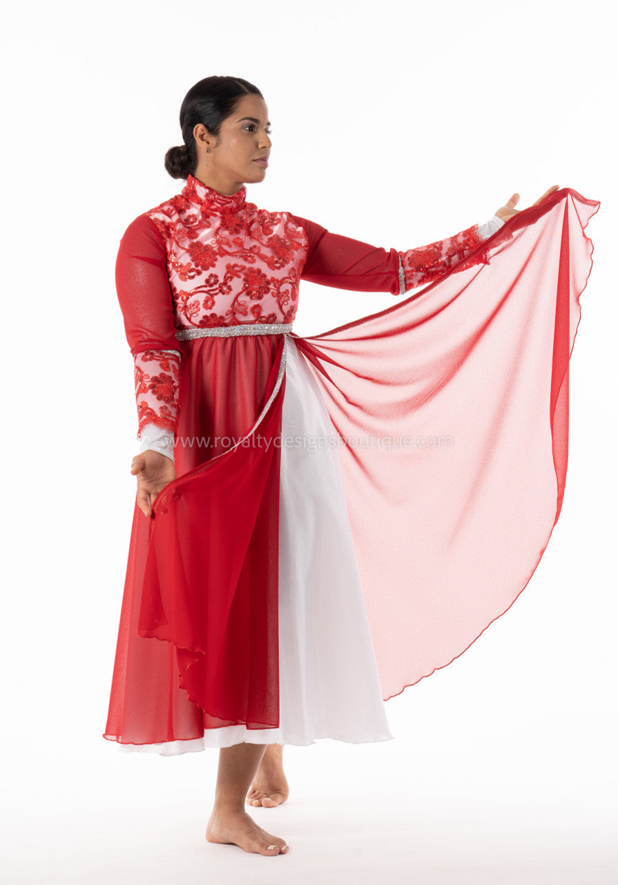 Crown Collection – High-Waist Long-Sleeve Lace & Trimmed Premium Praise Dance Dress