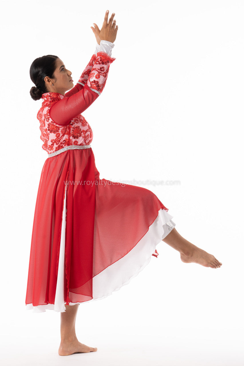 Crown Collection – High-Waist Long-Sleeve Lace & Trimmed Premium Praise Dance Dress