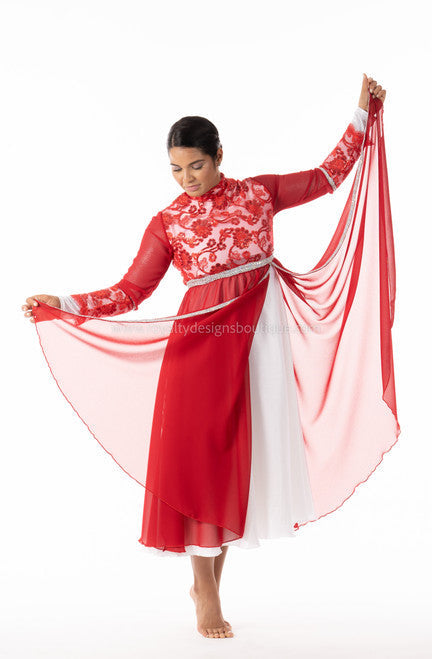 Crown Collection – High-Waist Long-Sleeve Lace & Trimmed Premium Praise Dance Dress