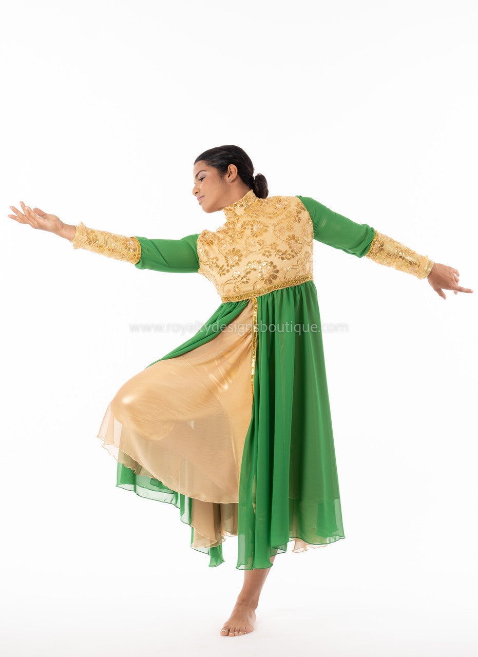 Crown Collection – High-Waist Long-Sleeve Lace & Trimmed Premium Praise Dance Dress