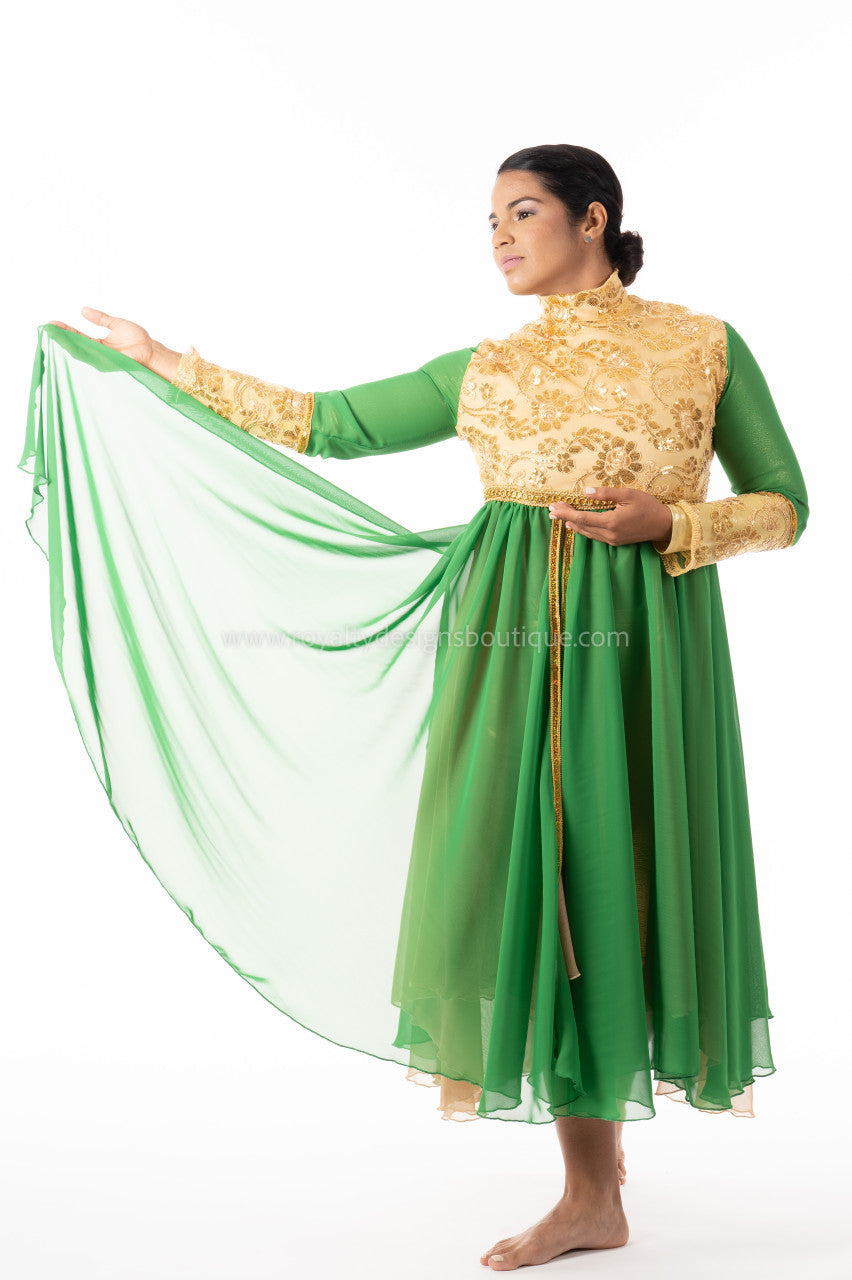 Crown Collection – High-Waist Long-Sleeve Lace & Trimmed Premium Praise Dance Dress