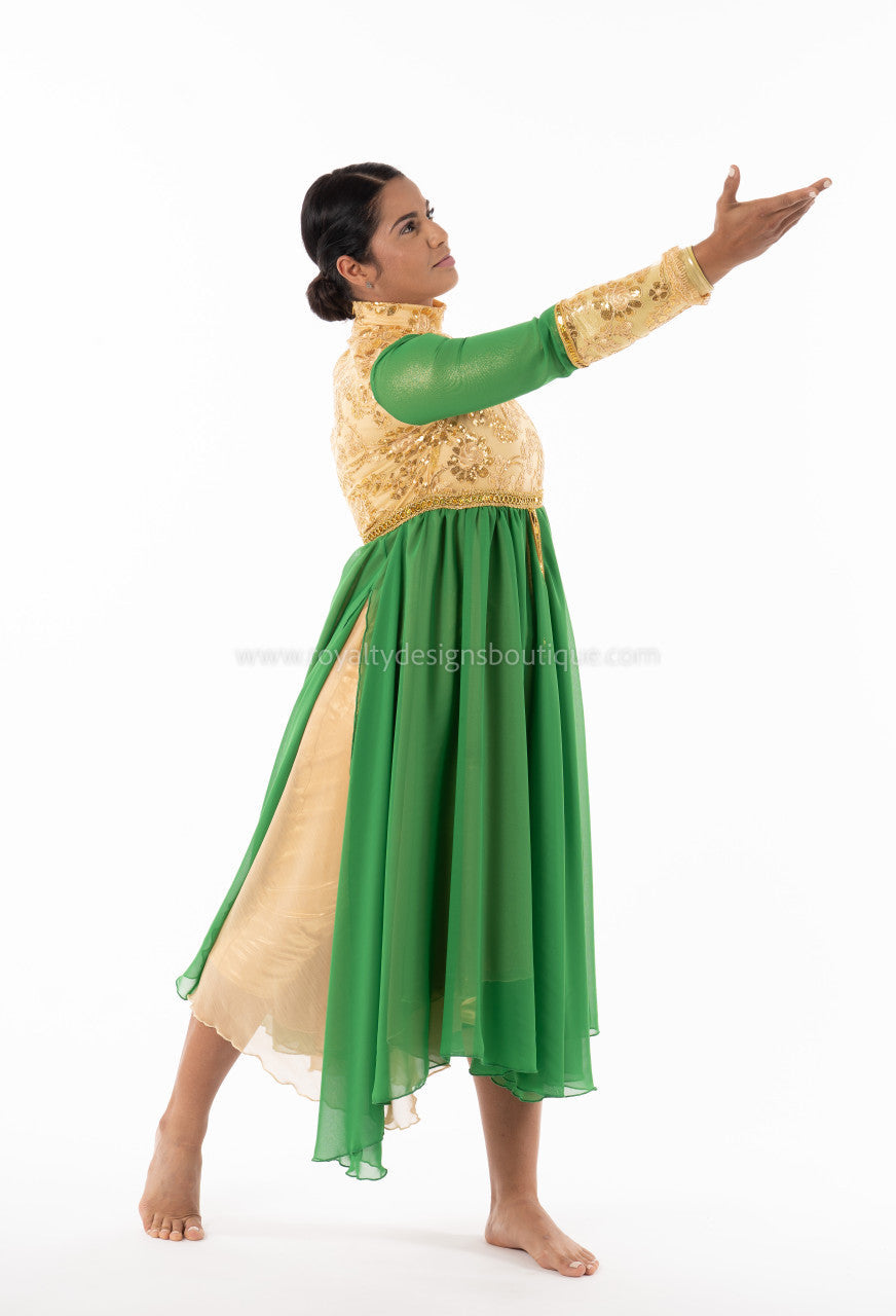 Crown Collection – High-Waist Long-Sleeve Lace & Trimmed Premium Praise Dance Dress