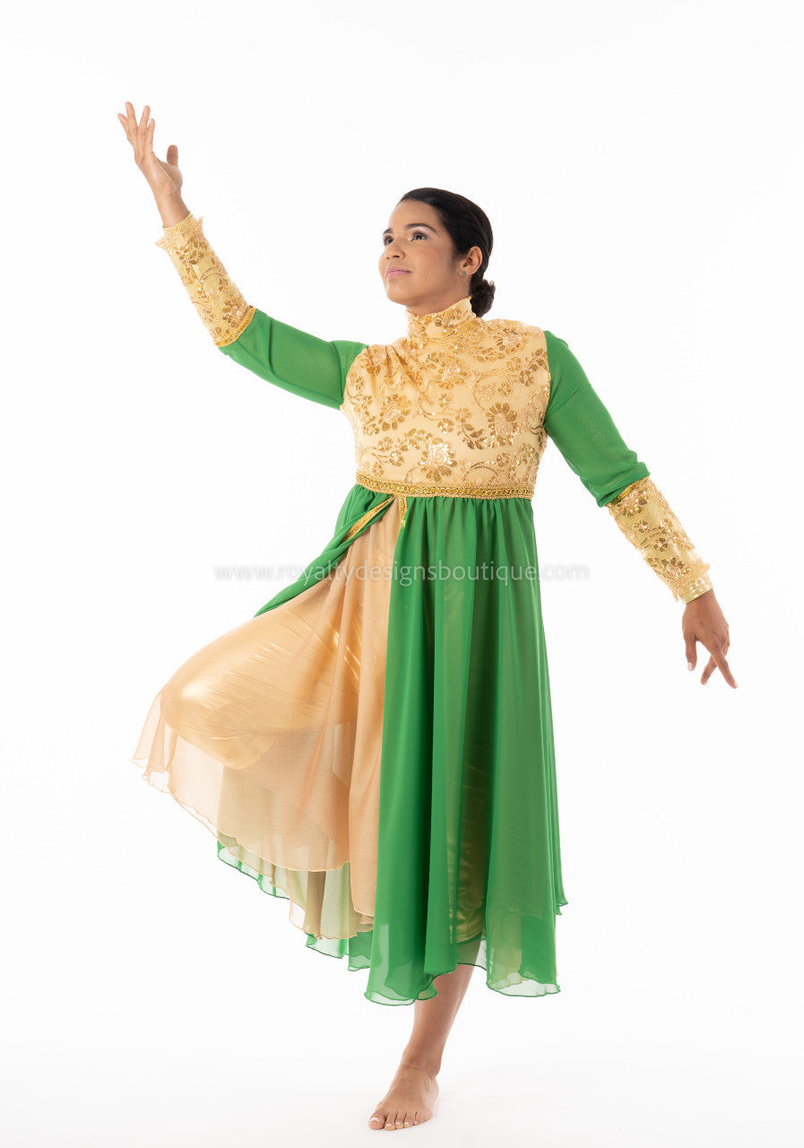 Crown Collection – High-Waist Long-Sleeve Lace & Trimmed Premium Praise Dance Dress