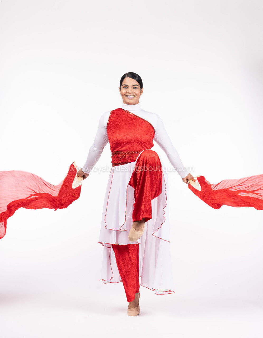2-Piece Red Velvet Jumpsuit with White Chiffon Layers