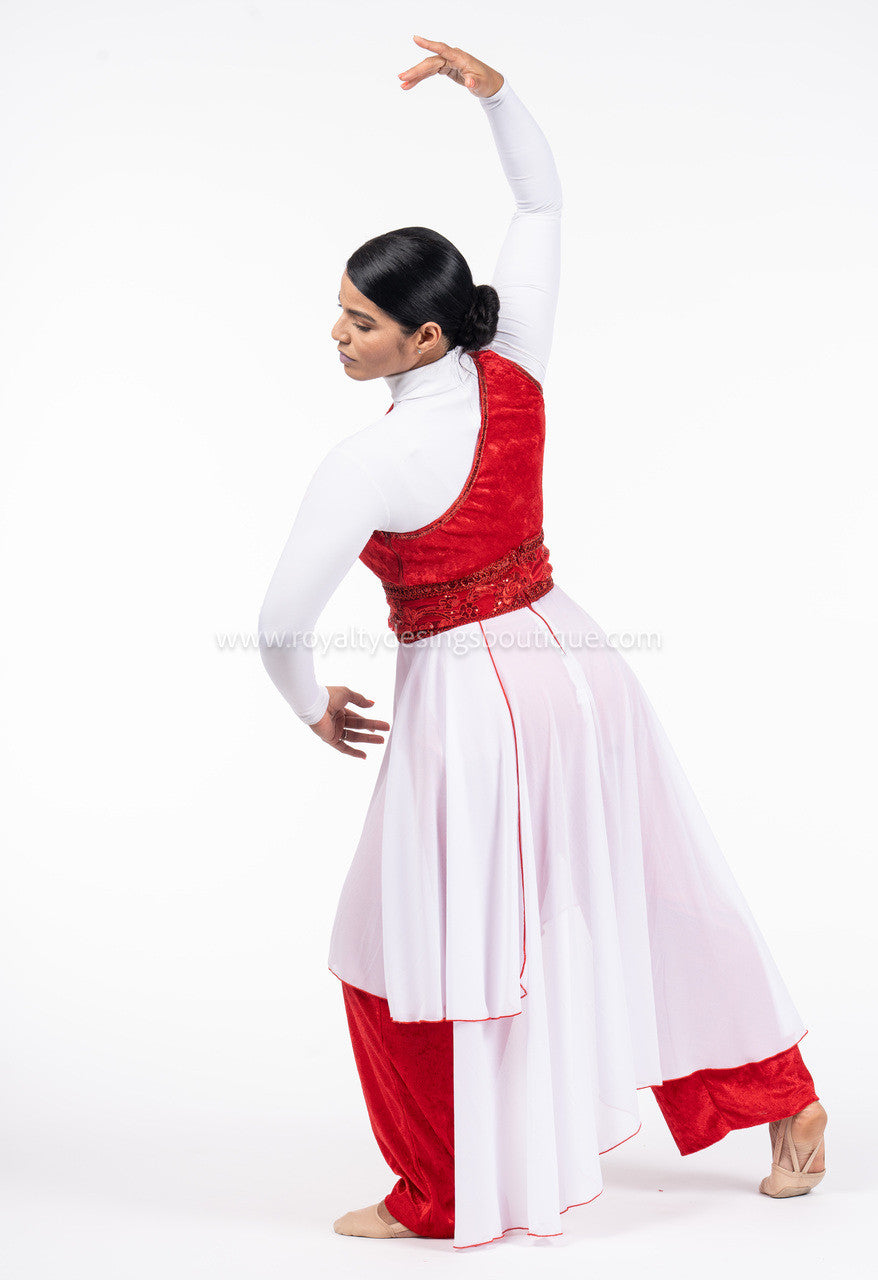 2-Piece Red Velvet Jumpsuit with White Chiffon Layers