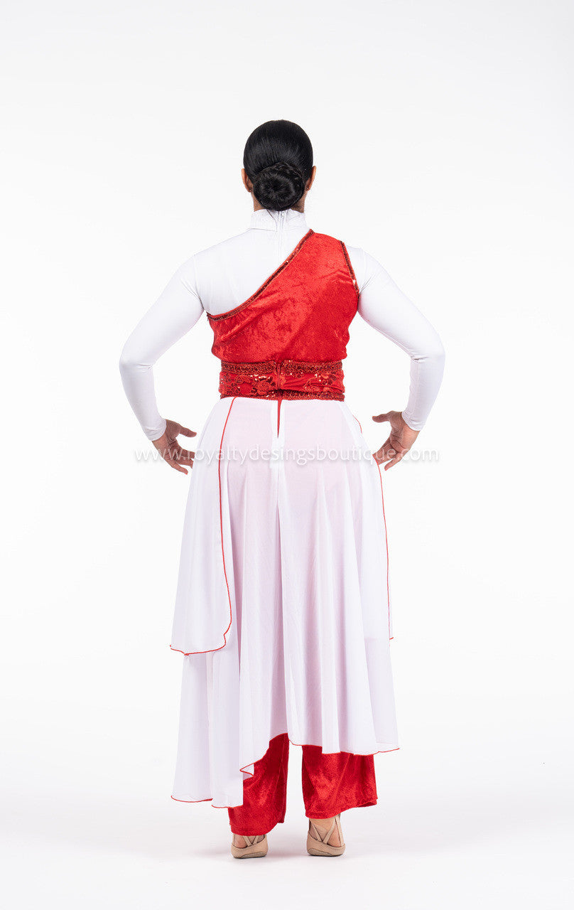 2-Piece Red Velvet Jumpsuit with White Chiffon Layers