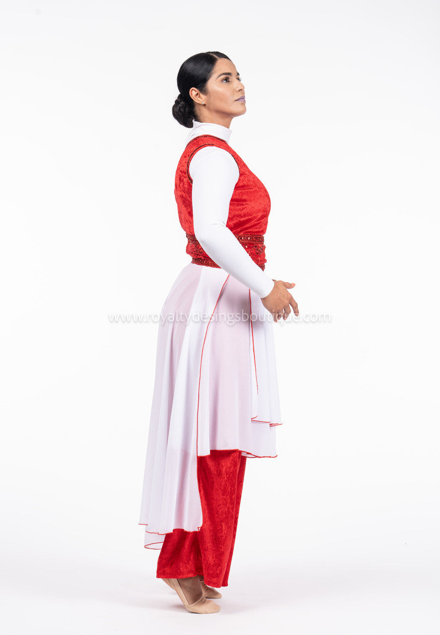 2-Piece Red Velvet Jumpsuit with White Chiffon Layers