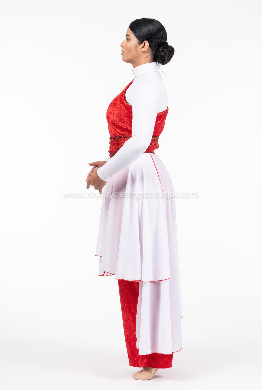 2-Piece Red Velvet Jumpsuit with White Chiffon Layers