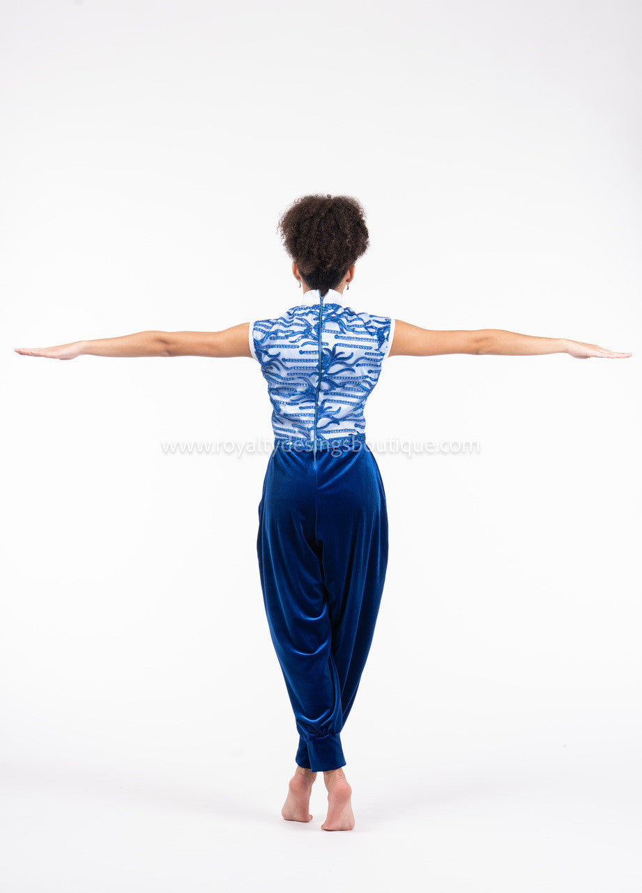 Sapphire Collection – Modern Sleeveless Praise Dance Jumpsuit with Velvet Pants, White Taffeta Bodice & Royal Blue Lace Back (Final Sale)