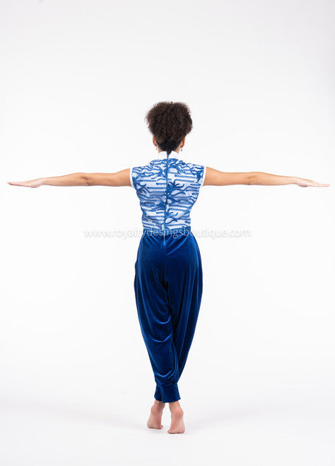Sapphire Collection – Modern Sleeveless Praise Dance Jumpsuit with Velvet Pants, White Taffeta Bodice & Royal Blue Lace Back (Final Sale)