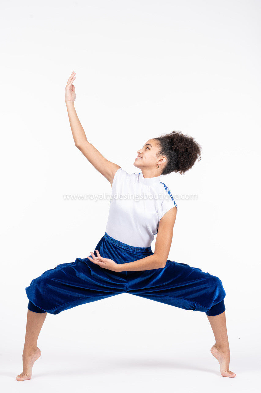 Sapphire Collection – Modern Sleeveless Praise Dance Jumpsuit with Velvet Pants, White Taffeta Bodice & Royal Blue Lace Back (Final Sale)