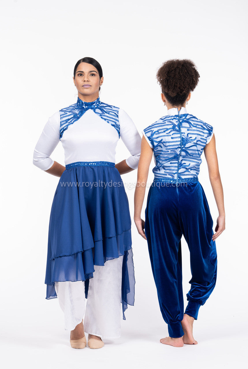 Sapphire Collection – Modern Sleeveless Praise Dance Jumpsuit with Velvet Pants, White Taffeta Bodice & Royal Blue Lace Back (Final Sale)