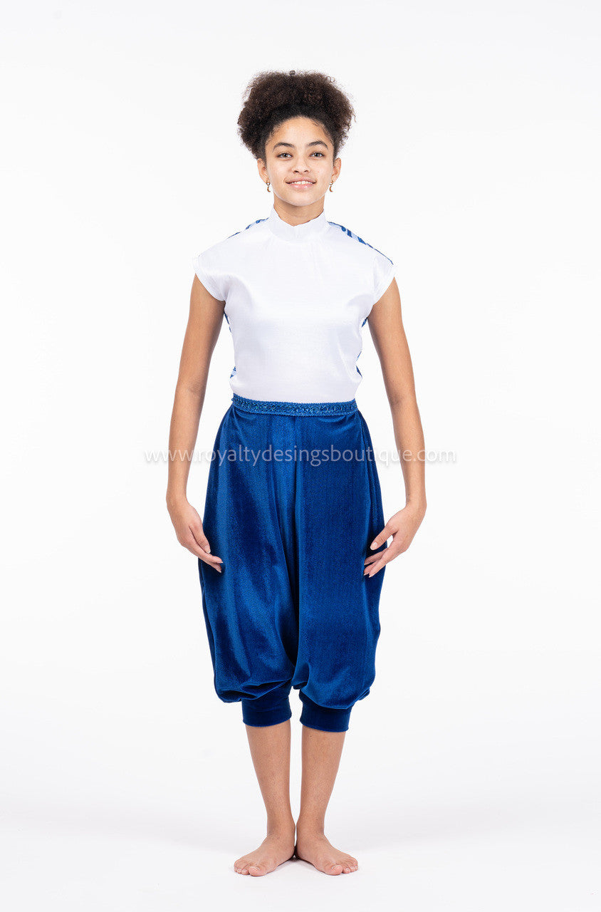 Sapphire Collection – Modern Sleeveless Praise Dance Jumpsuit with Velvet Pants, White Taffeta Bodice & Royal Blue Lace Back (Final Sale)