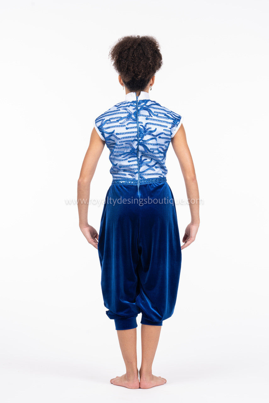 Sapphire Collection – Modern Sleeveless Praise Dance Jumpsuit with Velvet Pants, White Taffeta Bodice & Royal Blue Lace Back (Final Sale)