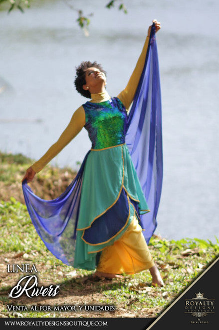 River Sequin Dress with 3 Layers trimmed hi quality teal and green Chiffon