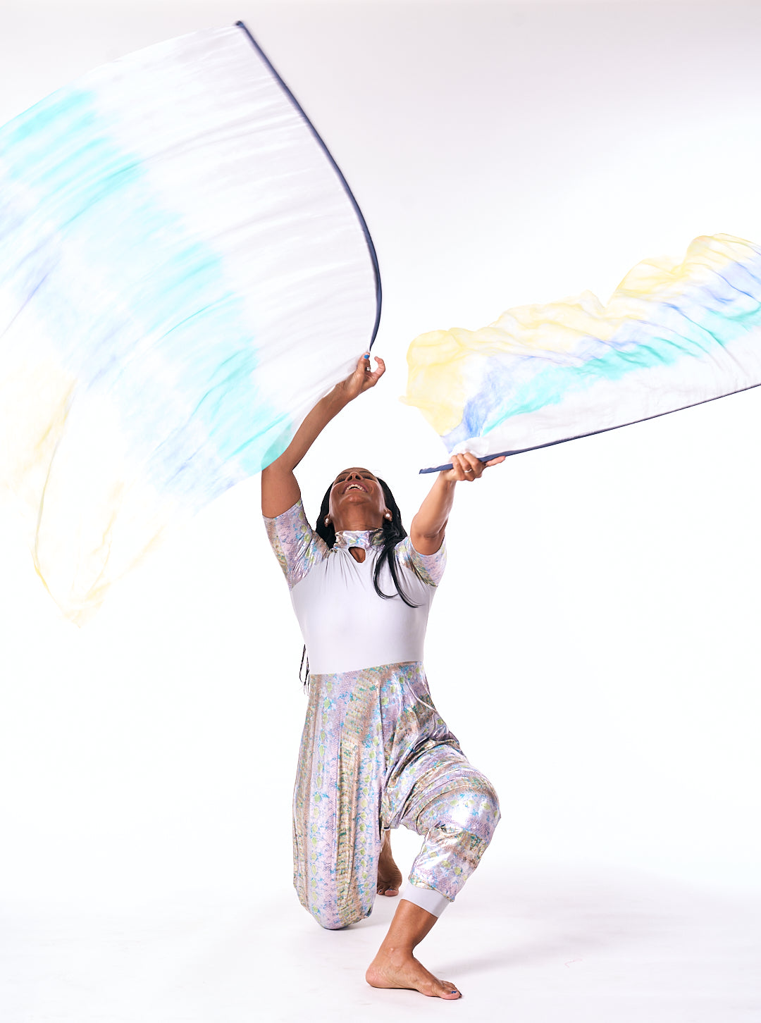 Shimmer of Grace – Iridescent Grey & Green 3/4 Sleeve High Neck Lycra Praise Dance Unitard (Copy)