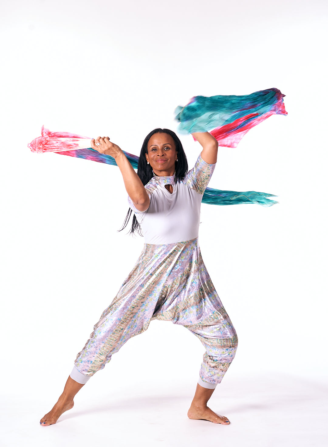 Shimmer of Grace – Iridescent Grey & Green 3/4 Sleeve High Neck Lycra Praise Dance Unitard (Copy)