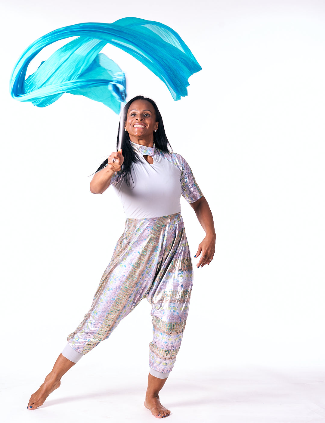 Shimmer of Grace – Iridescent Grey & Green 3/4 Sleeve High Neck Lycra Praise Dance Unitard (Copy)