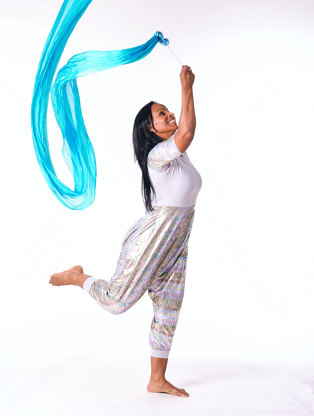 Shimmer of Grace – Iridescent Grey & Green 3/4 Sleeve High Neck Lycra Praise Dance Unitard (Copy)