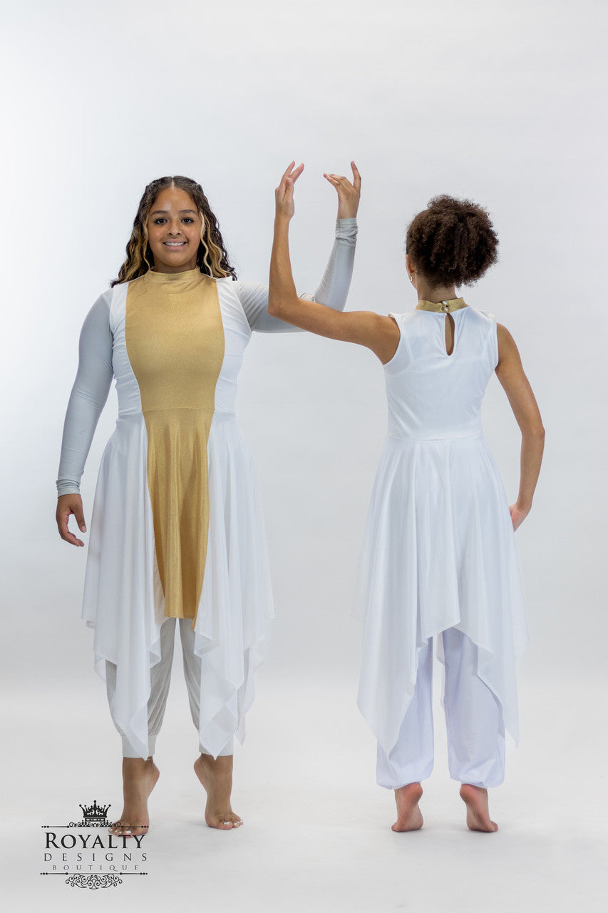 White and Hi neck Gold lycra Tunic (Final Sale ! )